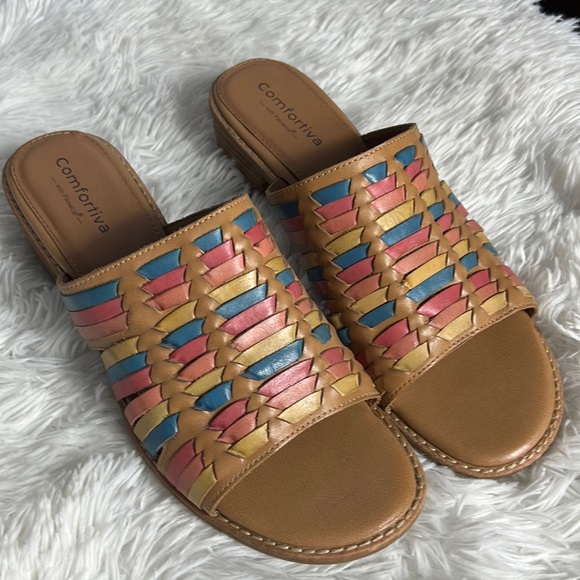 Comfortiva Shoes - Comfortiva Huarache Style Multicolor Block Heel Slides Sandals 11M